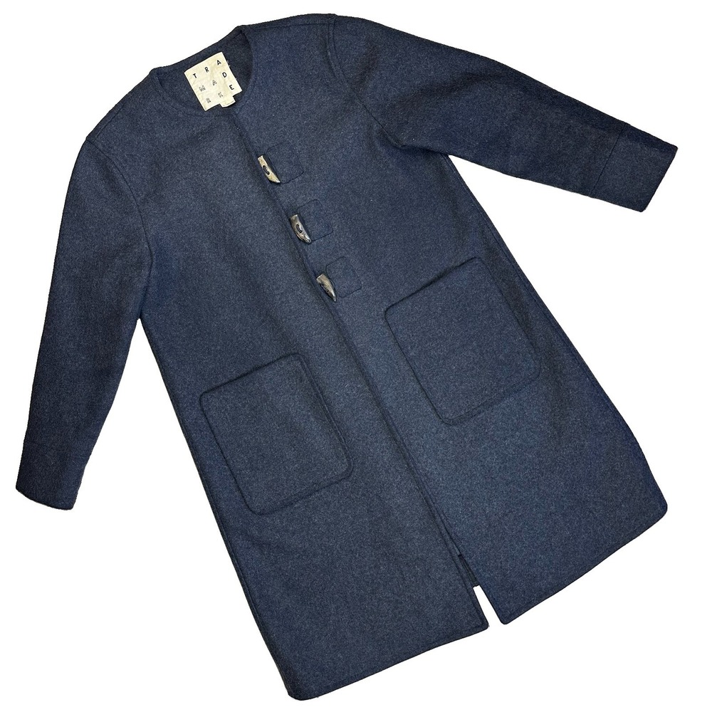 Trademark Collarless Overcoat Wool Blend Women L Gray Blue Regency Minimalist